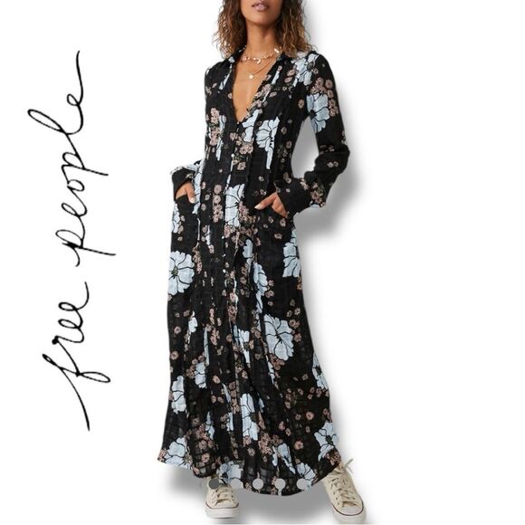 Free People Women’s Back it At Black Floral Maxi Dress in the Size Medium - Picture 2 of 8
